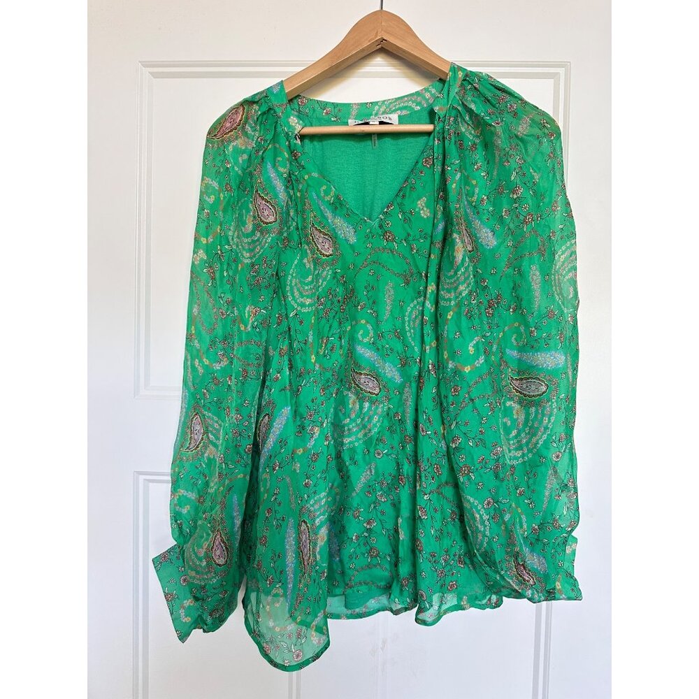 Hale Bob Blouse Womens Medium Sasha Emerald Boho Loose Lined Shirt Top Flowy